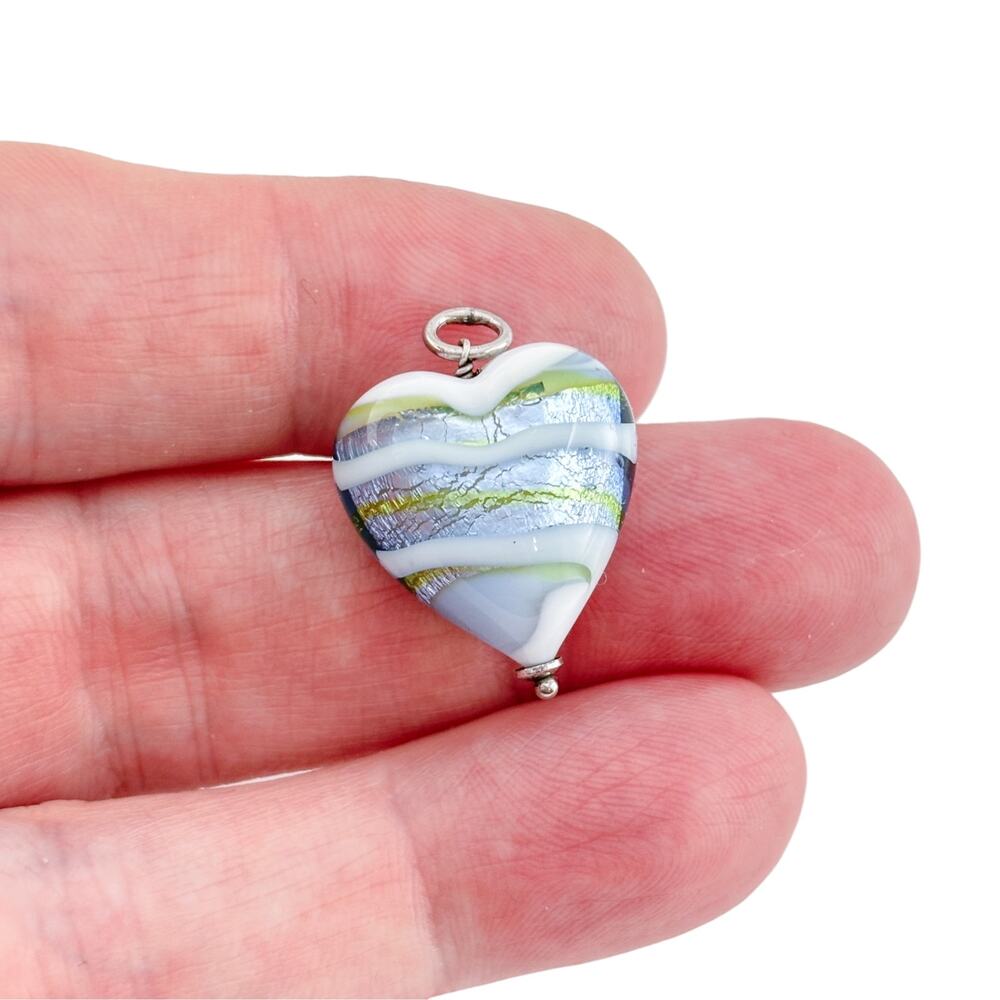 Sterling Murano Glass Heart Blue Green Silver Foil Swirl Pendant